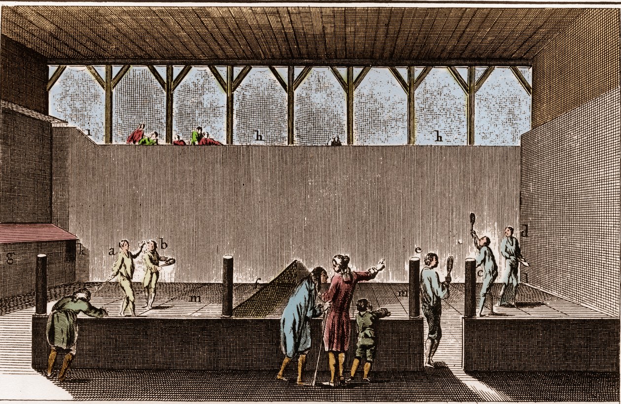 Paulmerie – Hra o palmu a jízda na sněžnicích – Jeu de Paume short – „“ La Grande Encyclopédie, ou Dictionnaire Raisonne des Sciences, des Arts et des Metiers“ (Encyklopedie nebo slovník věd, umění a povolání) od Denise Diderota (1713-1784 ) a J od French School