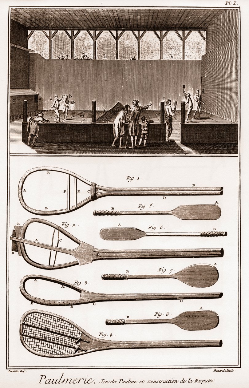 Paulmerie - Tenisový kurt a konstrukce rakety - Kurt Jeu de Paume a různé fáze konstrukce raket (paddle-pálek nebo pálkařů) - „“ La Grande Encyclopédie, ou Dictionnaire Raisonne des Sciences, des Arts et des Métiers“ ( Encyklopedie od French School