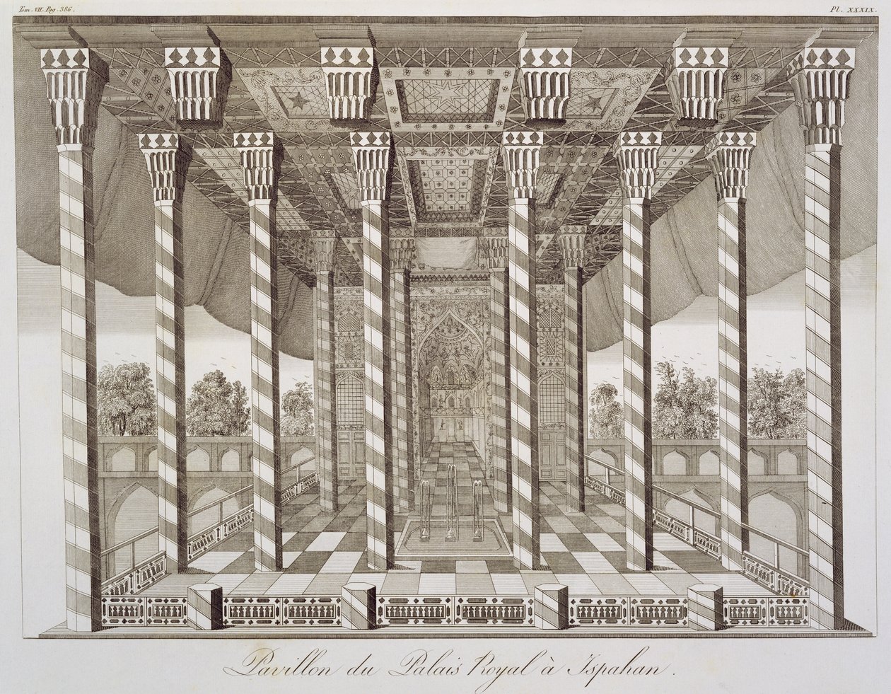 Pavilon v královském paláci v Isfahánu, z Voyages du Chevalier Chardin en Perse, et autres Lieux dOrient, Jean Chardin (1643-1713), publikoval 1811 od French School