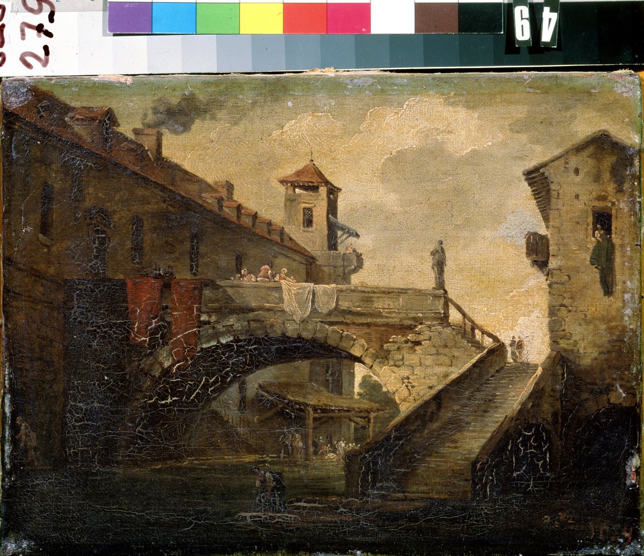 ""Krajina ve francouzské vesnici"" Most a řeka v oblíbené čtvrti. Francouzská školní malba. Muzeum umění Michaila Krošitského z počátku 18. století, Sevastopol (Sevastopol) Ukrajina od French School