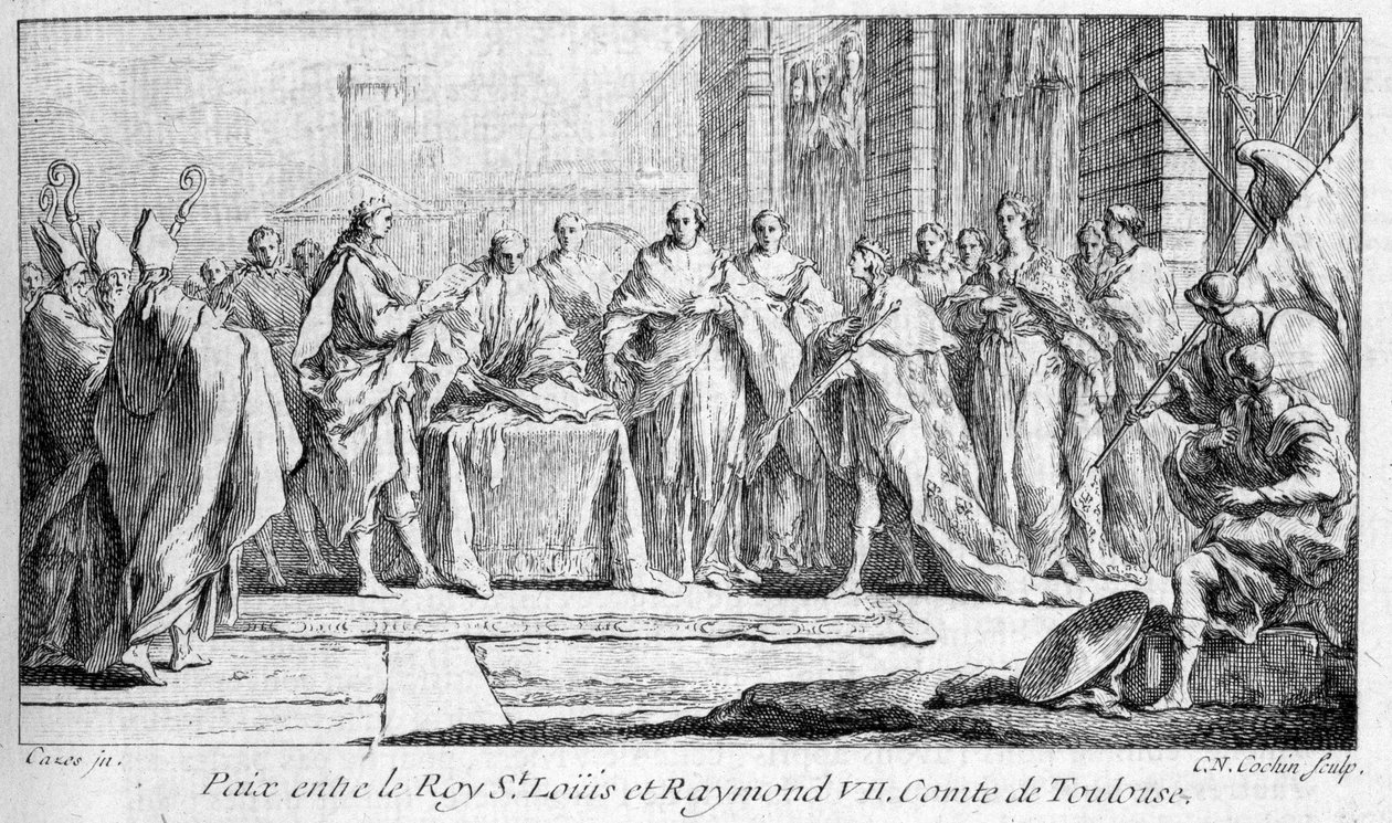 Mír mezi Raymondem VII. a svatým Ludvíkem 1229 v "Histoire générale de Languedoc" od Josepha Vaissete, Paříž. od French School