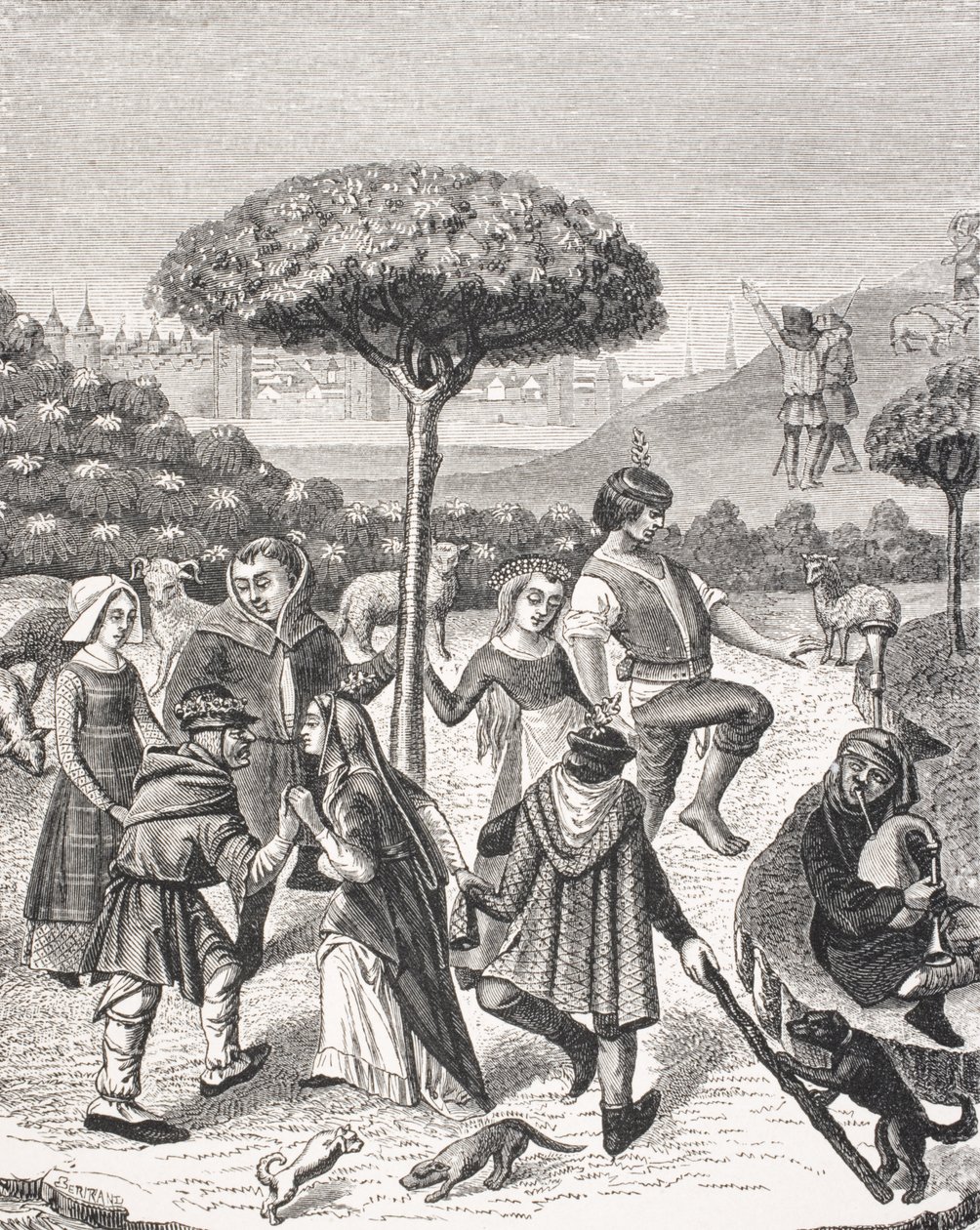 Selské tance o májových svátcích, podle miniatury v modlitební knize z 15. století, z „Le Moyen Age et La Renaissance“ od Paula Lacroixe (1806–84), vydaného v roce 1847 od French School