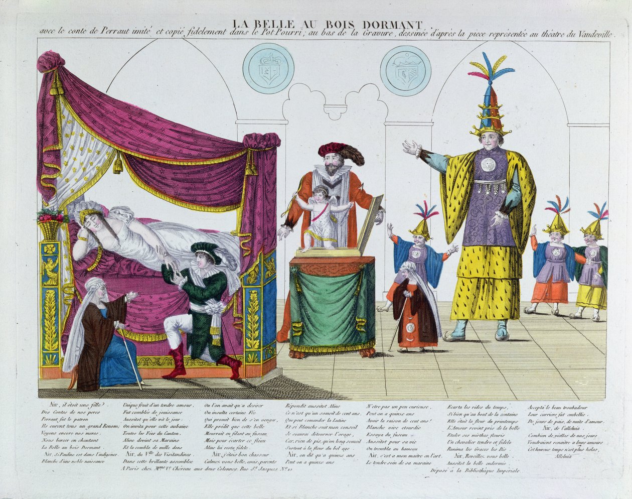 Představení Šípkové Růženky podle pohádky Charlese Perraulta (1628-1703), ve Vaudeville Theatre, Paříž, kolem 1820 (barevná rytina) od French School