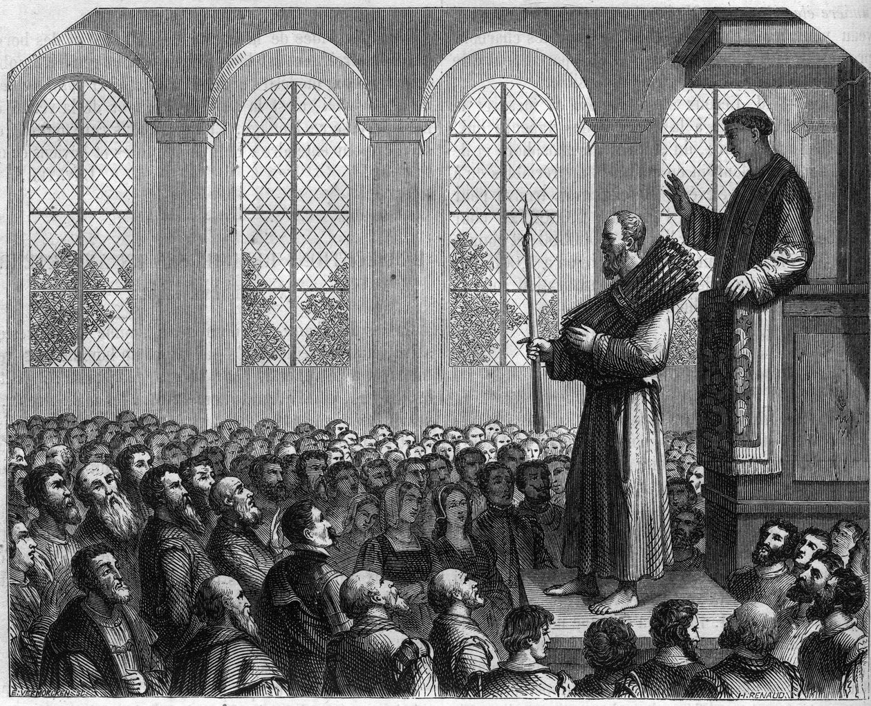 Pronásledování protestantů v Anglii v 16. století: veřejné pokání Jamese Bainhama (Baynham) v Saint Paul. Obviněný z kacířství byl během kázání proneseného proti němu odsouzen stát před kazatelnou s bubákem na hlavě od French School