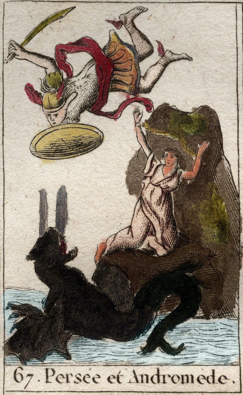 Reprezentace Persee přichází k záchraně Andromedy enchainee a un rock (Perseus save Andromeda spoutaná ke skále) Z „Mythologie de la jeunesse“ od Pierra Blancharda 1803. od French School