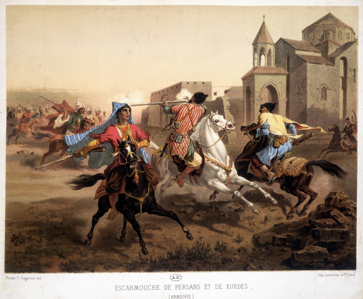 Perská a kurdská šarvátka v Arménii - litografie od French School