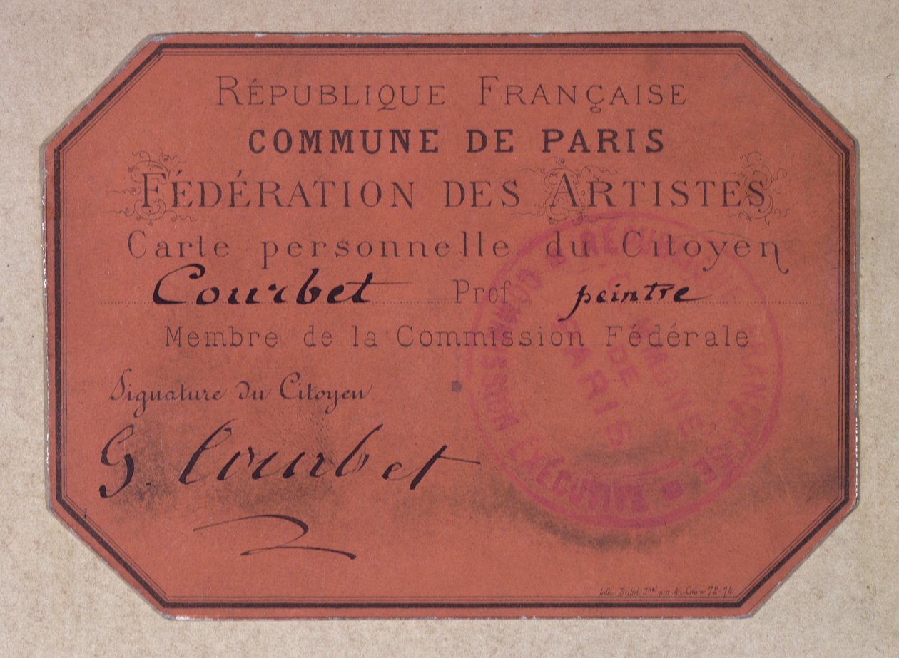 Osobní karta vydaná Pařížskou federací umělců během komuny Paříž a patřící Gustavu Courbetovi, 1871 (karton) od French School