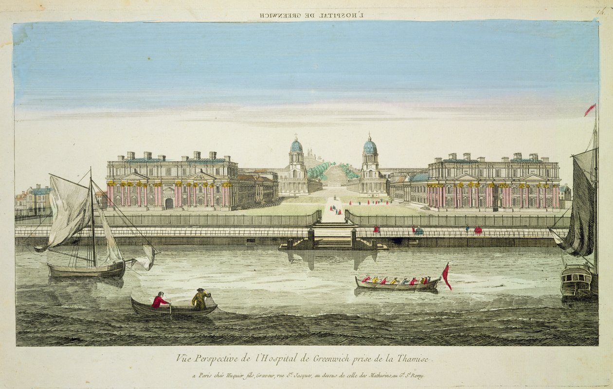 Perspektivní pohled na nemocnici Greenwich na Temži, vyryto Huquierem (barevná rytina) od French School