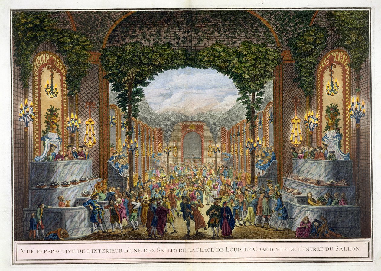 Perspektivní pohled na interiér jednoho z pokojů Place de Louis le Grand, Pohled na vchod do Salonu (barevná rytina) od French School