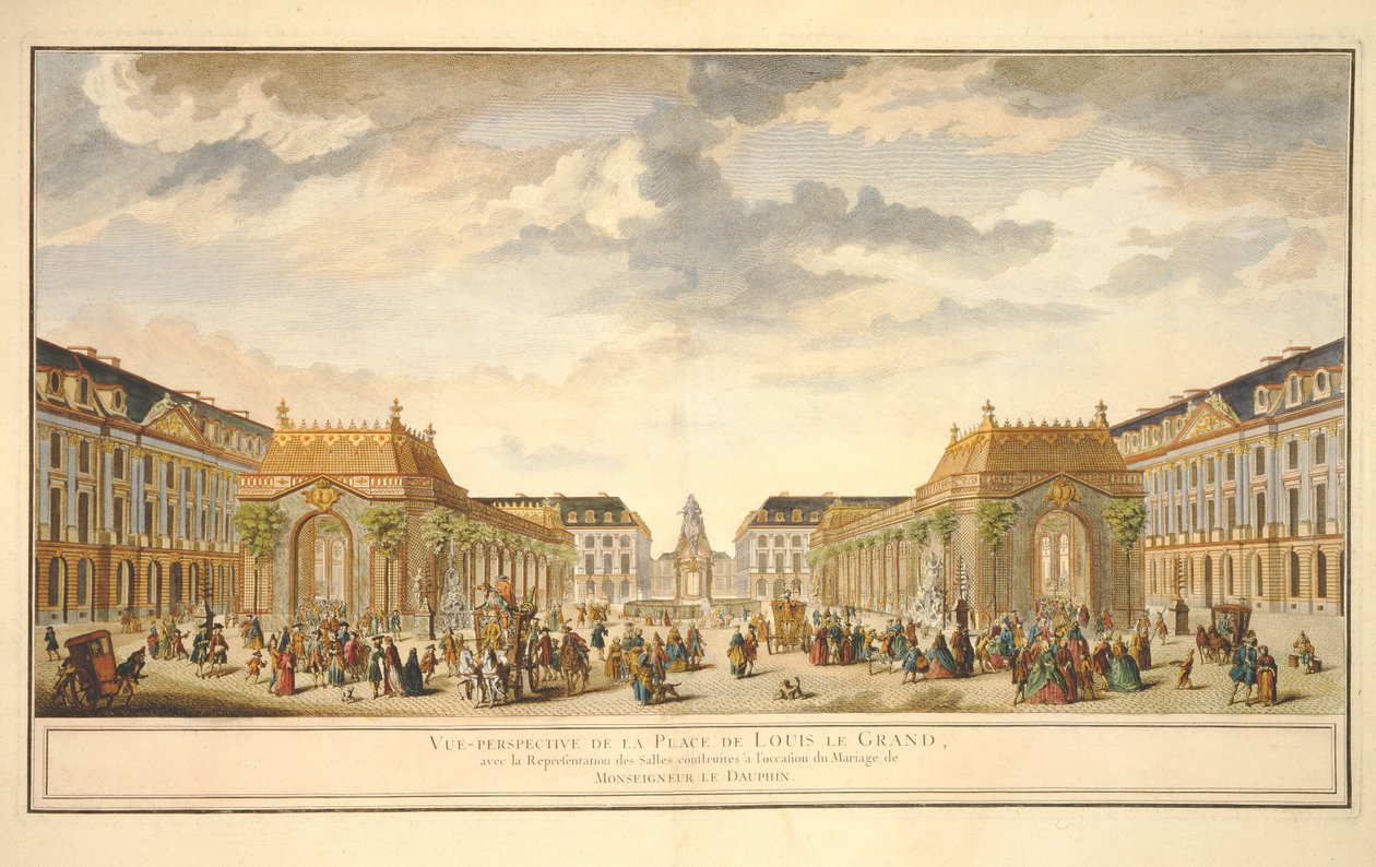 Perspektivní pohled na Place de Louis le Grand s místnostmi postavenými u příležitosti svatby Monseigneur le Dauphin (barevná rytina) od French School