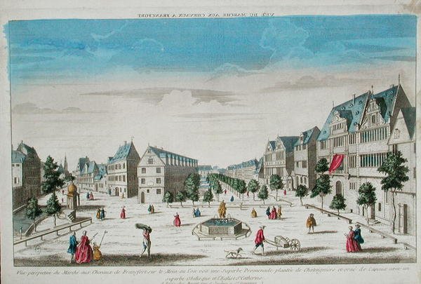 Perspektivní pohled na Rossmarkt, Frankfurt (barevná rytina) od French School