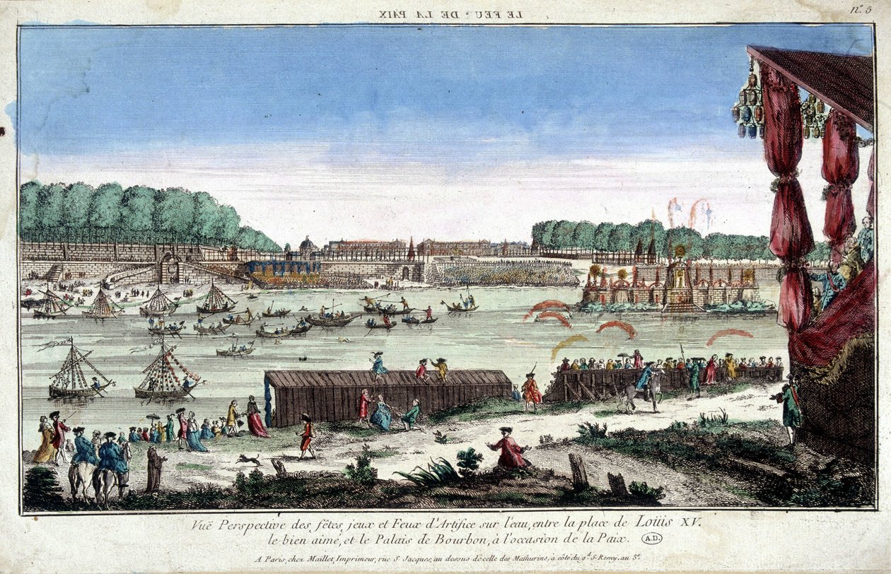 Perspektivní pohled na večírky, hry a ohňostroje na vodě, mezi Place Louis XV a Palais Bourbon, u příležitosti míru od French School
