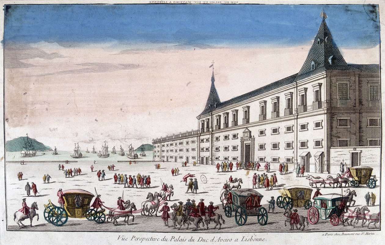 Perspektivní pohled na palác vévody z Aveiro v Lisabonu - rytina od French School
