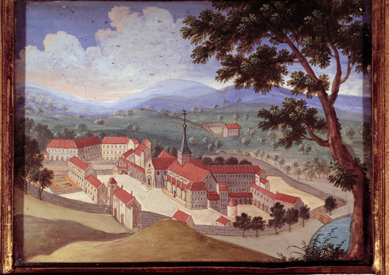 Perspektivní pohled na opatství Port royal des champs. Pohled na klášter Port-Royal-des-Champs). Anonymní obraz 18. století. Port Royal, Musee Des Granges. od French School
