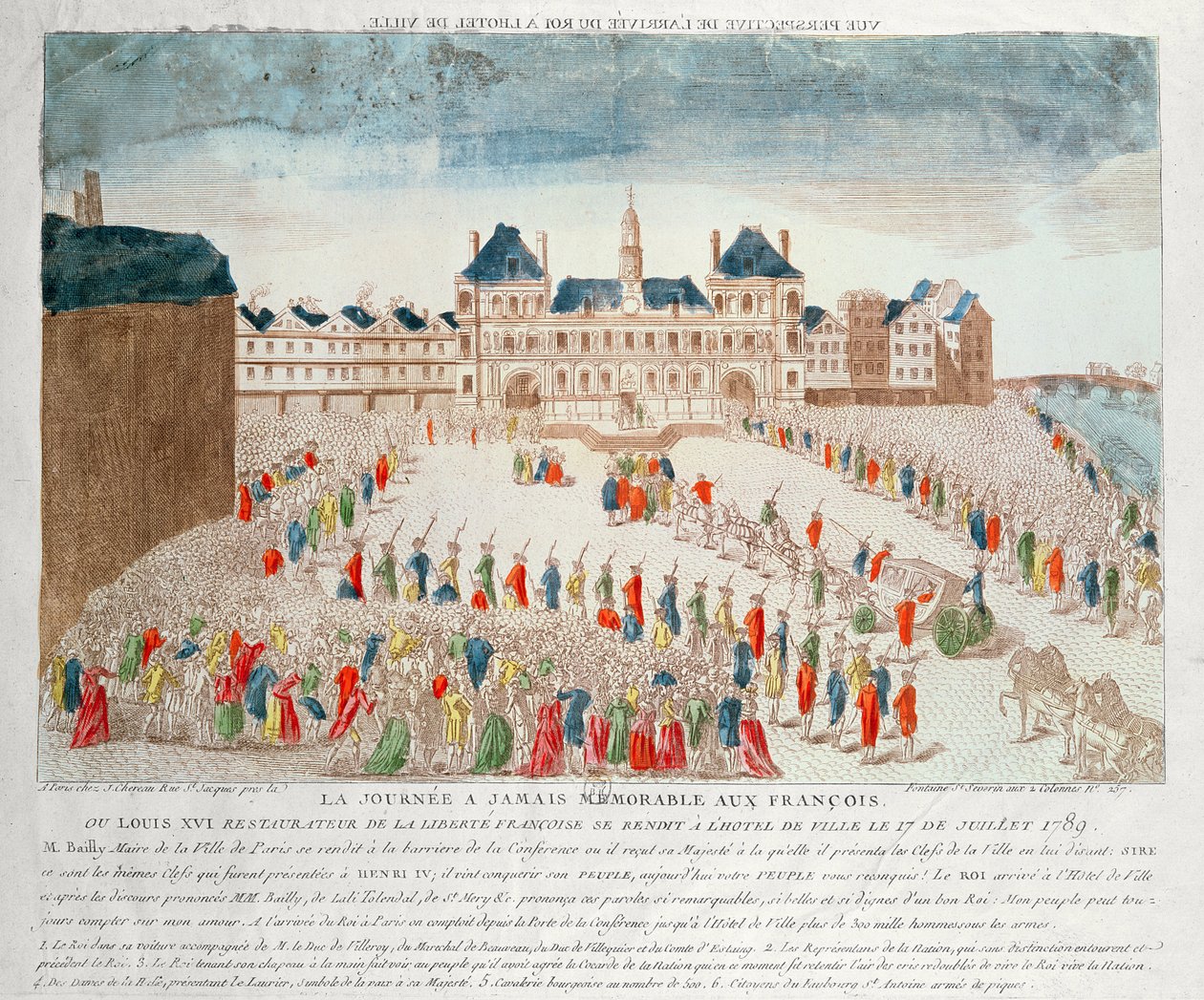 Perspektivní pohled na příchod Ludvíka XVI. (1754-93) do Hotel de Ville, 17. července 1789 od French School