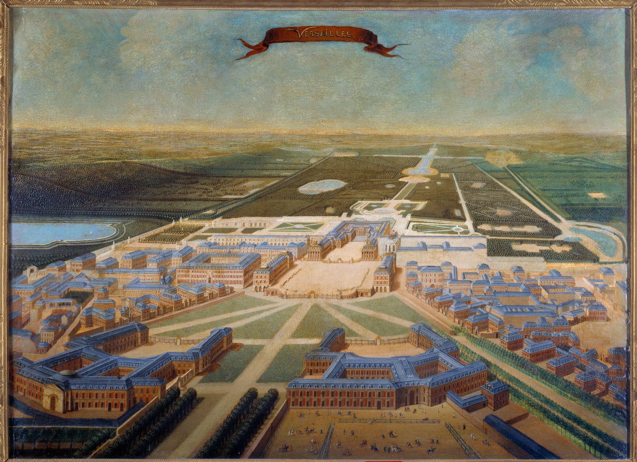 Perspektivní pohled na stáje zámku a zahrady ve Versailles na konci vlády Ludvíka XIV., kolem 1710-1715. Malba francouzské školy od French School