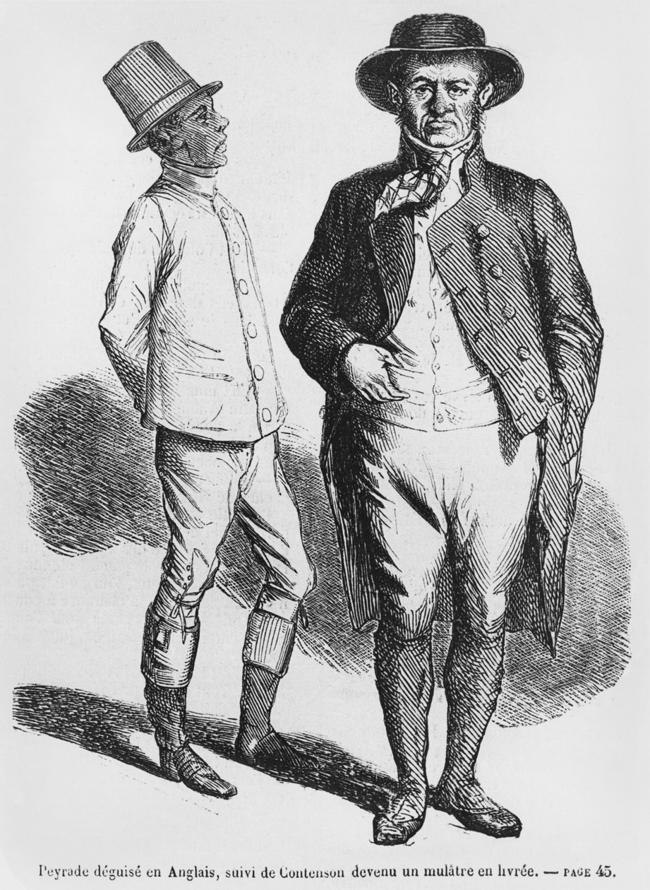 Peyrade převlečený za Angličana a Contenson za sluhu mulata, ilustrace ze Splendeurs et Miseres des Courtisanes od Honore de Balzaca, vydáno 1867 od French School
