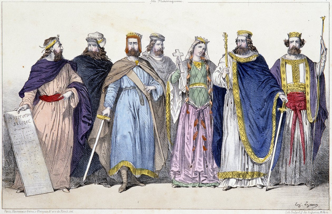 Pharamond, Clodion, Merovee, Childeric, Clotilde, Clovis 1er a Childebert 1er - ve „Francouzské monarchii v tiscích““ od French School