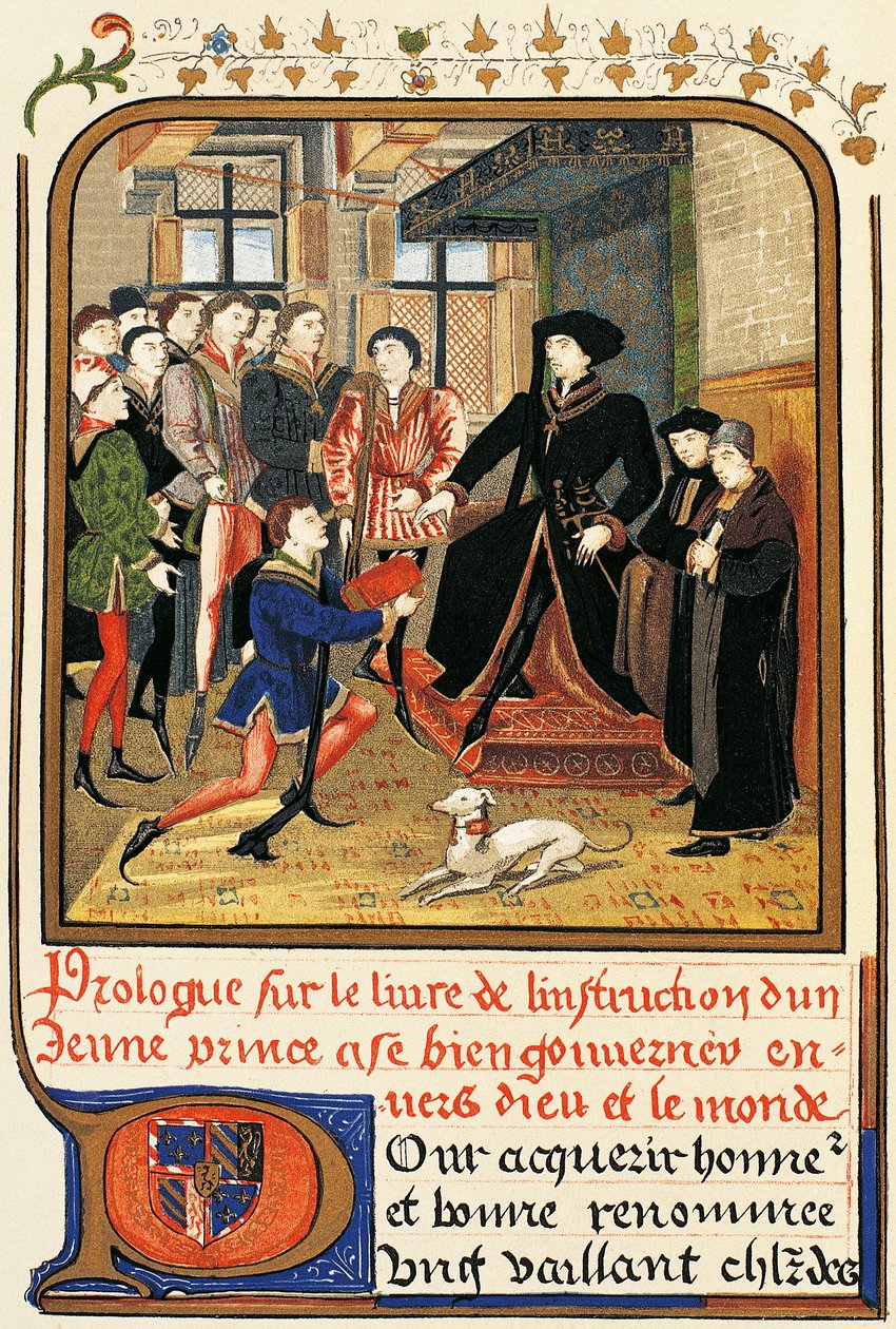 Philip Good (1396-1467) pod baldachýnem, lept z Instruction jeune prince, obsažený ve Slovníku nábytku a dekorací, Henry Havard, svazek II. od French School