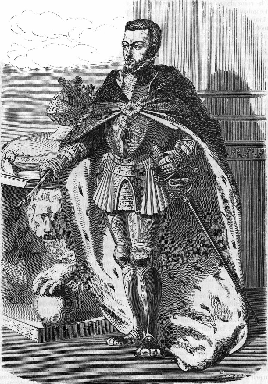 Filip II. (1527-1598), španělský král. V ""Populární historie Francie"", nd. kolem 1885. Rytina. od French School