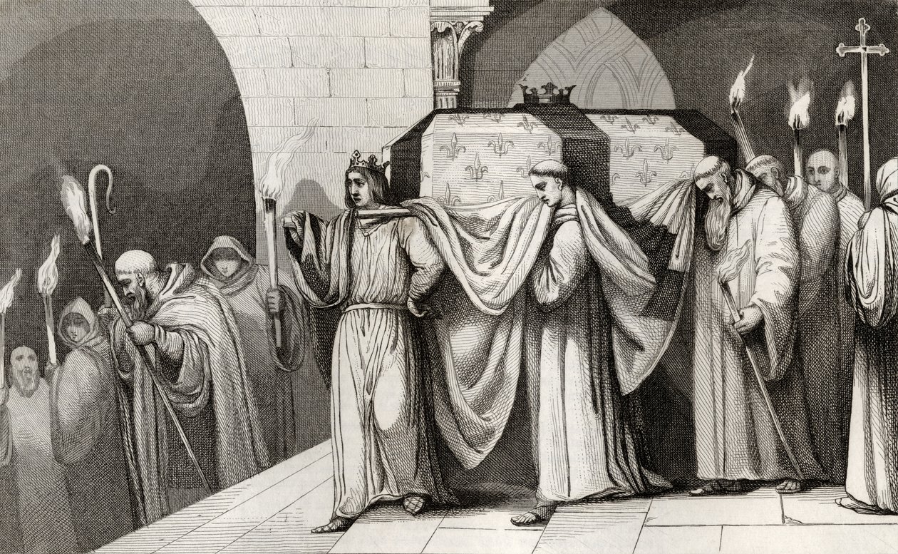 Philippe III (1245-85) Smělý pomáhá nést rakev svého otce, z „Histoire de France“ od Colarta, vydané kolem roku 1840 od French School