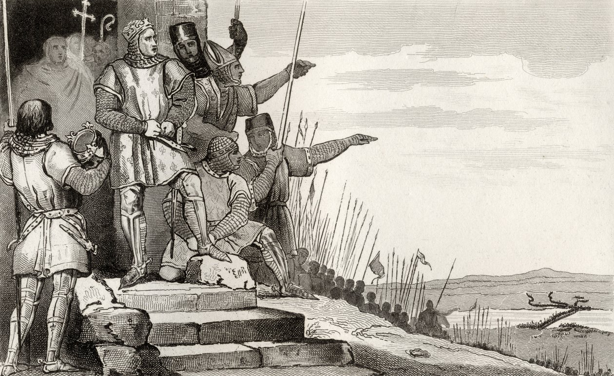 Philippe II. Auguste (1165-1223) vyhrává bitvu u Bouvines po modlitbě, z „Histoire de France“ od Colarta, vydané kolem roku 1840 od French School