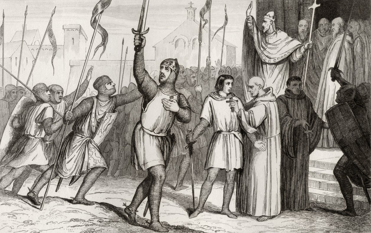 Filip I. (1052-1108) a papež Urban II. (asi 1035-99) shromažďují své stoupence na první křížovou výpravu v roce 1095, z Colartovy knihy "Histoire de France", vydané asi v roce 1840. od French School