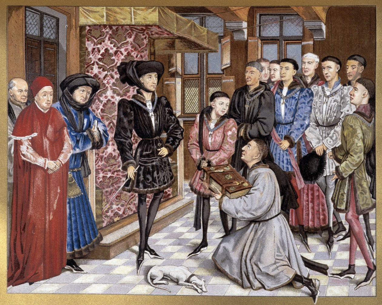 Philippe Le Bon ja Charles the Bold vastaanottavat kirjan omistuksen od French School