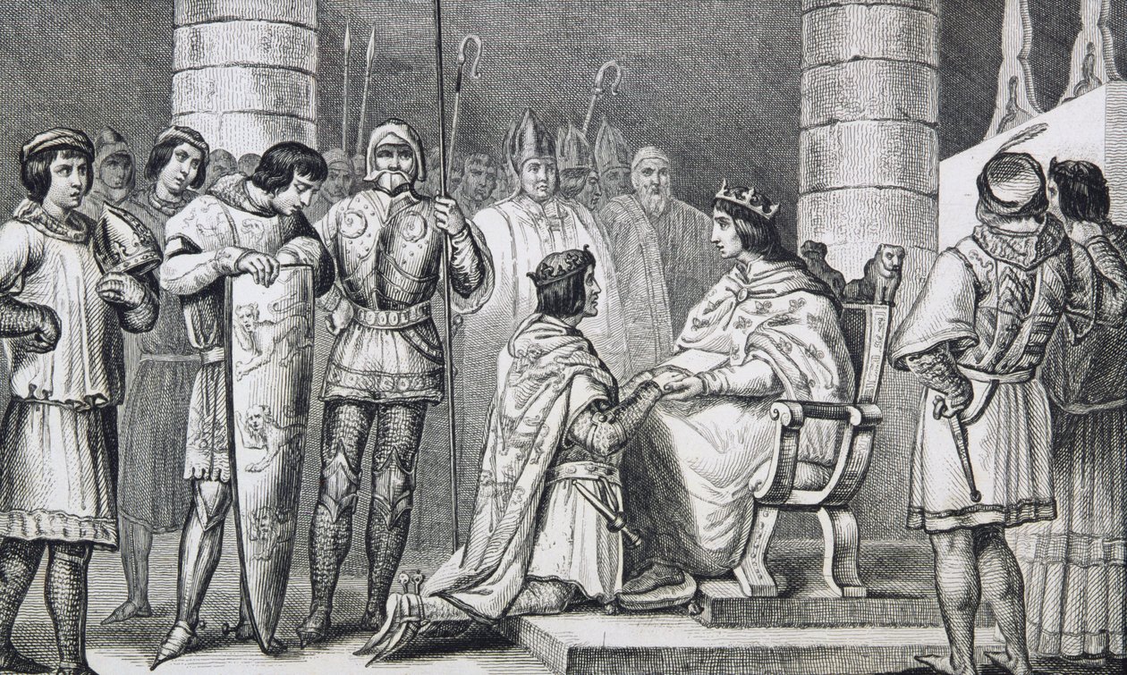 Philippe VI (1293-1350) de Valois vzdává hold Edwardovi III. (1312-77) z Anglie, ale pouze jako vévoda z Akvitánie, z „Histoire de France“ od Colarta, vydaného kolem roku 1840 od French School