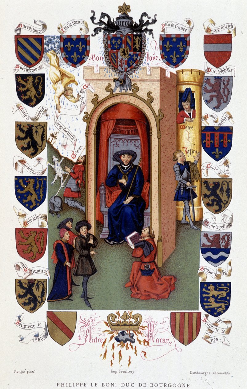 Philippe le Bon, vévoda burgundský, při přebírání věnování knihy (erb) od French School