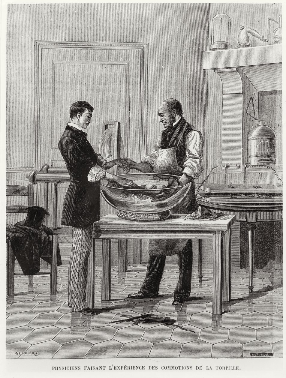 Fyzici experimentující na torpédu, 2. polovina 19. století (rytina) (čb foto) od French School