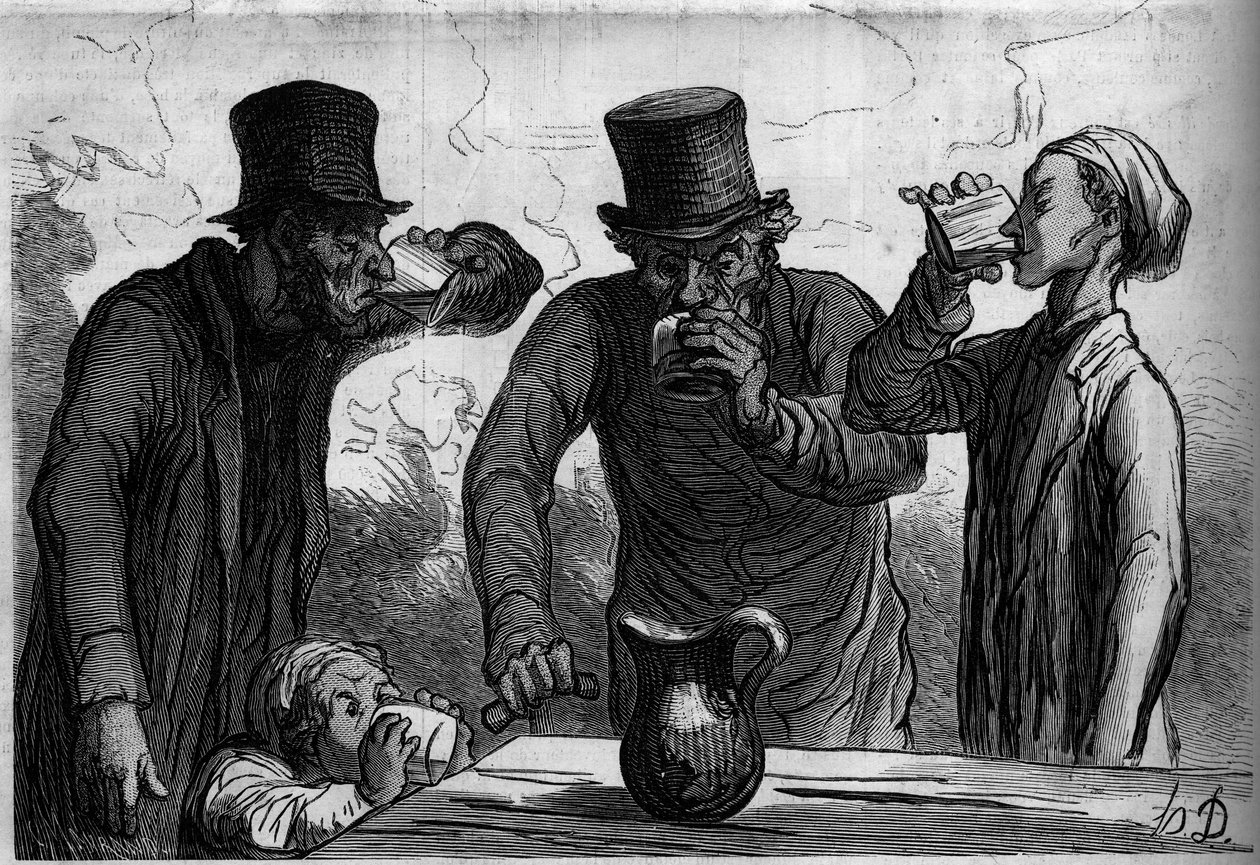 Fyziologie pijáka: čtyři věky. Kreslený film Honore Daumier (1808-1879). Rytina v „“ Le Monde Illustré““ č. 289 z 25. října od French School