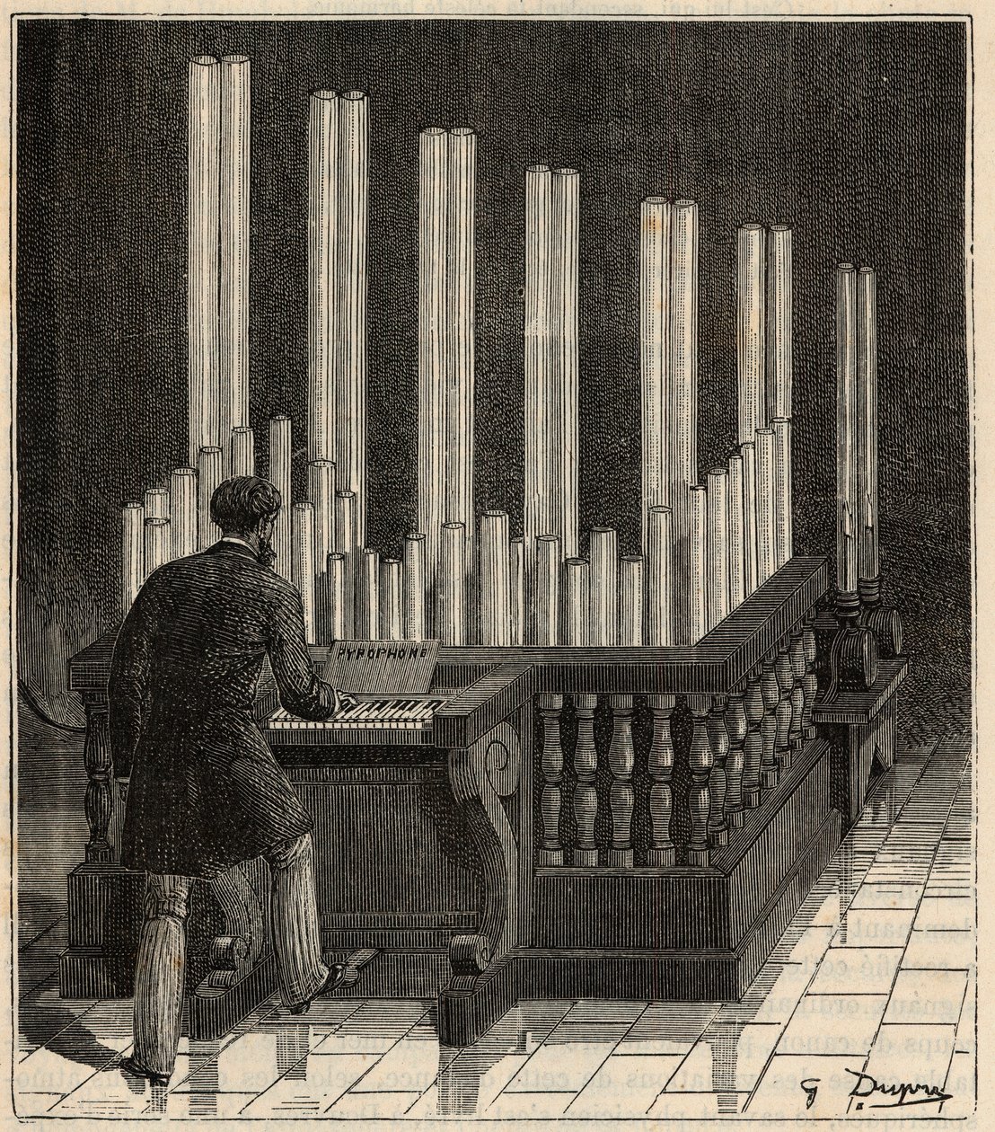 Piano a Gaz - (Plynové varhany) Pyrofon (ohnivě/výbuchové varhany) (ohnivý/výbuchový kaliope) Rytina v „“ Vědy přivedené ke dveřím všech – Populární fyzika a chemie“ od Alexise Clerca – Konec 19. století – Soukromá sbírka od French School