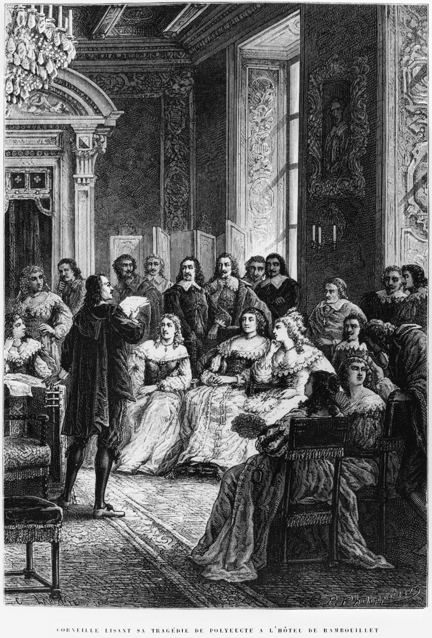 Pierre Corneille (1606-84) čte Polyeucte v Hotel de Rambouillet, kolem roku 1880 od French School