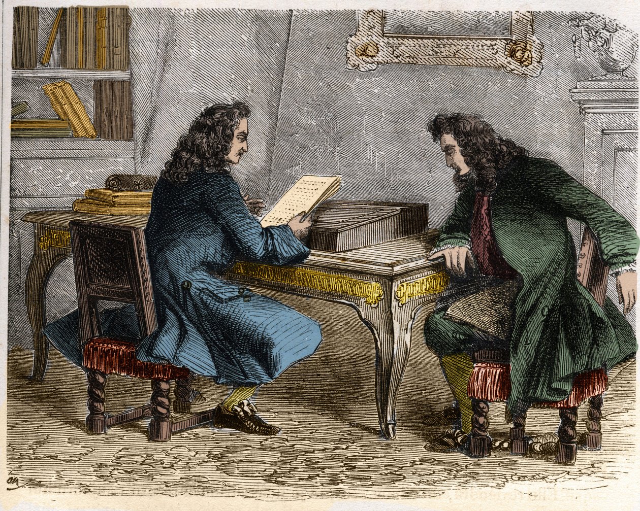 Pierre Corneille čte „Cid“ svému bratru Thomasi Corneille, než půjde za Anne „Ninon“ z Enclos (nebo Ninon de Lenclos nebo Ninon de Lanclos od French School