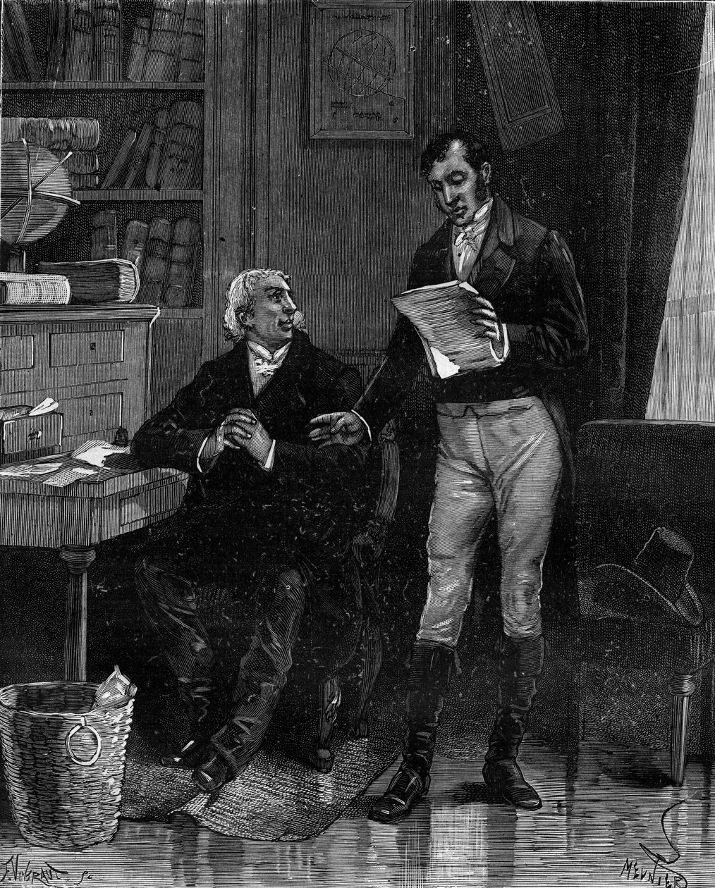 Pierre Simon de Laplace (1749-1827), francouzský astronom, matematik a fyzik, sdělující svou vlastní práci o Eulerových problémech Jean-Baptiste Biotovi. v „Histoire populaire des sciences, vynálezy a objevy od prvních století do současnosti od French School