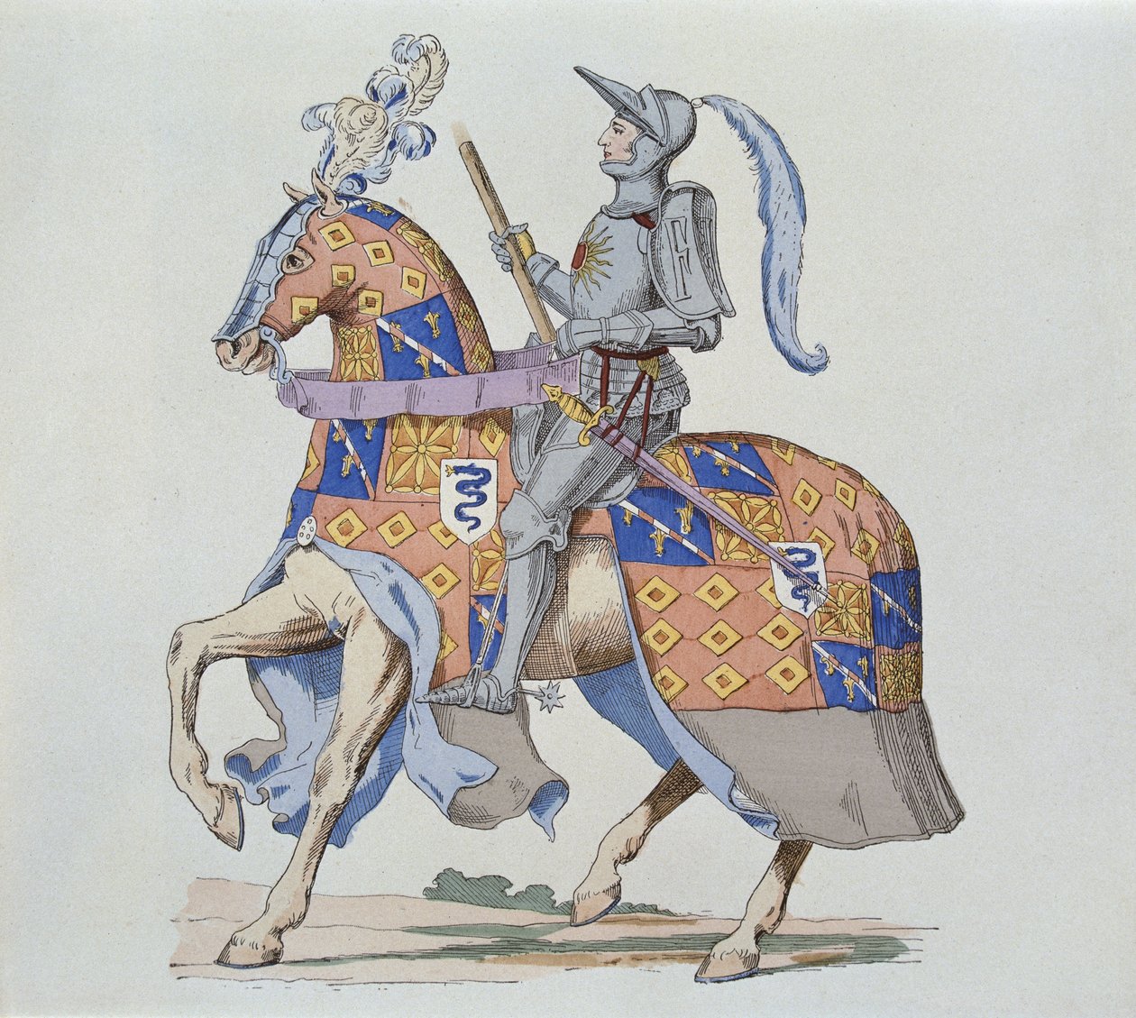 Pierre de Rohan, Sire de Gie, na koni v roce 1475, vyryto Gautierem od French School