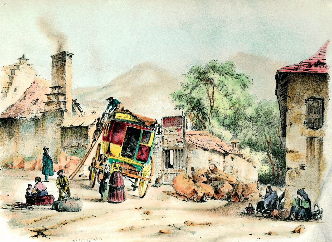 Pierrefitova diligence Příjezd diligence spojující Pierrefita s Paříží. Rytina ze soukromé sbírky z roku 1836 od French School