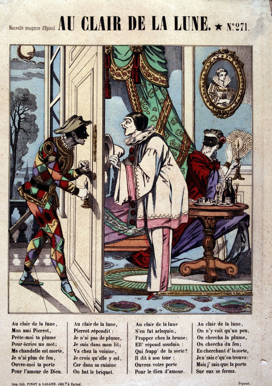 Pierrot, Harlekýn a soused, nemocný. písně „Au clair de la lune“, obrázek Epinal od French School