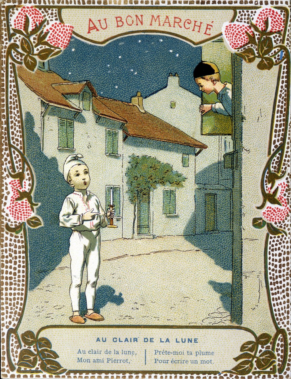 Pierrot se svíčkou, „“Au clair de la lune““ – etiketa „Le Bon Marché““ od French School