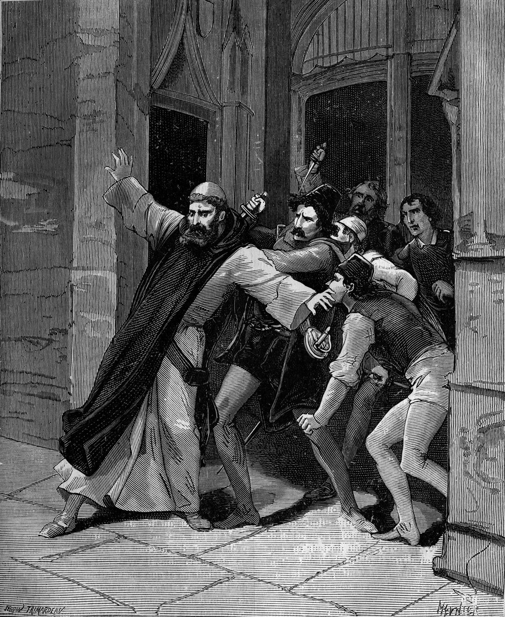 Pietro Paolo Sarpi, známý jako Fra Paolo, z Řádu servitů Marie (1552-1623) benátský historik zranění atentátníky 5. října 1607 v Benátkách. od French School