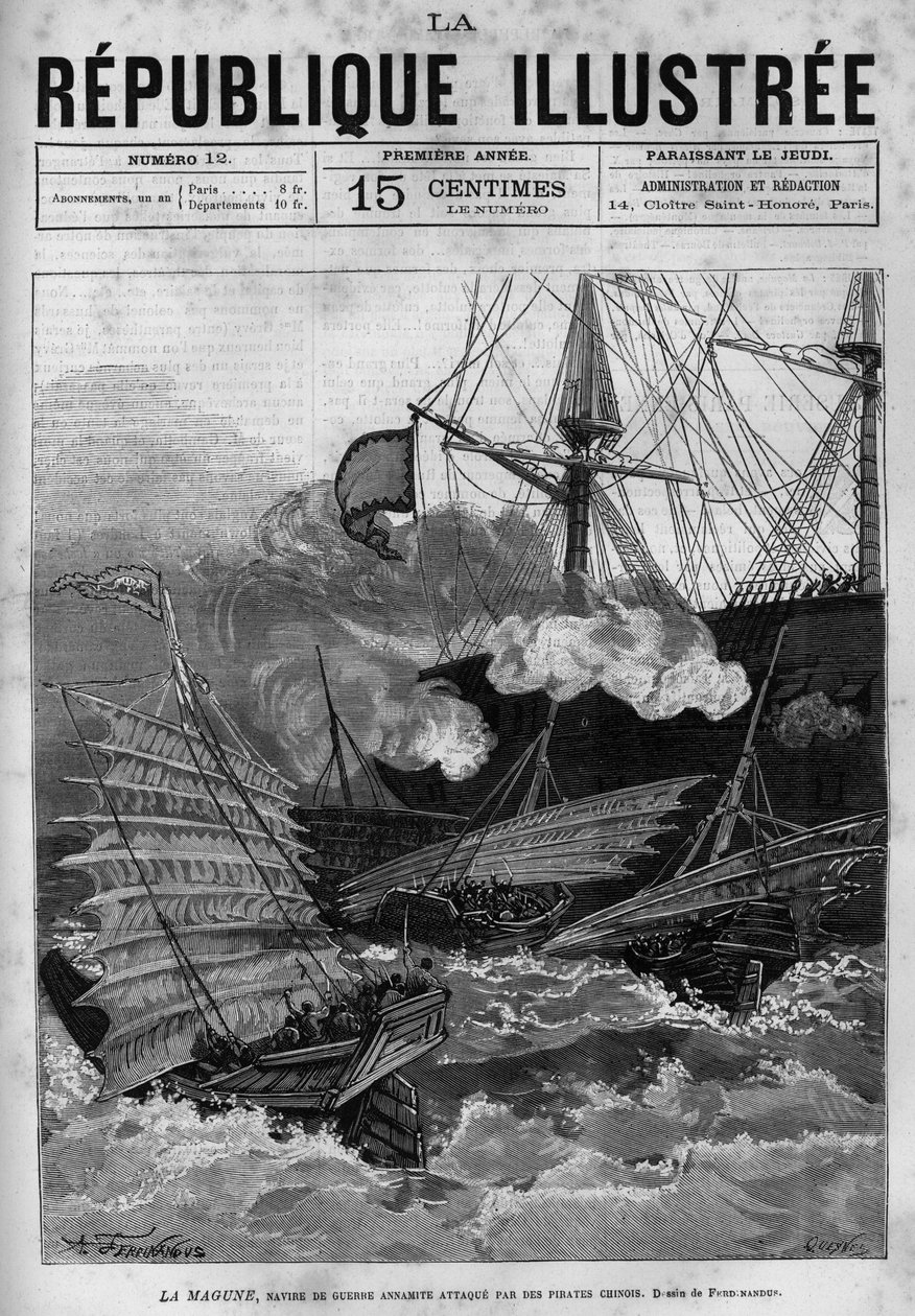 Pirátství: válečná loď Annamite „“La Magune““ napadená čínskými piráty. Noviny. Rytina z roku 1880 v soukromé sbírce „La republique illustree“. od French School