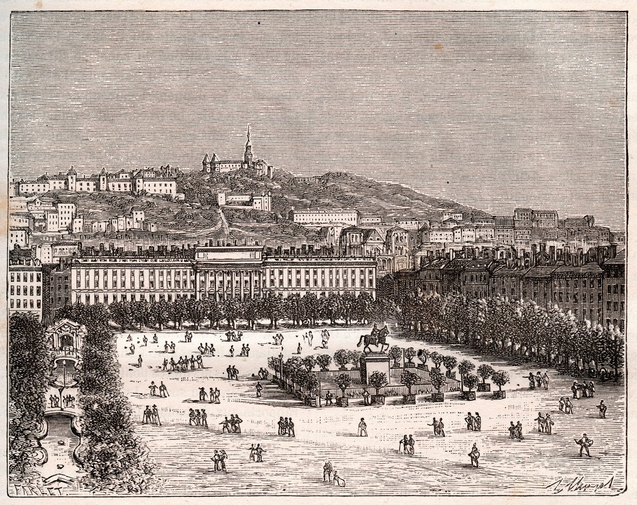 Place Bellecour nebo Place Louis-le-Grand - největší náměstí v Lyonu - rytina „La France illustrée: geografie, historie, statistická správa“ od V.-A. Sladově hnědá. 1884 od French School