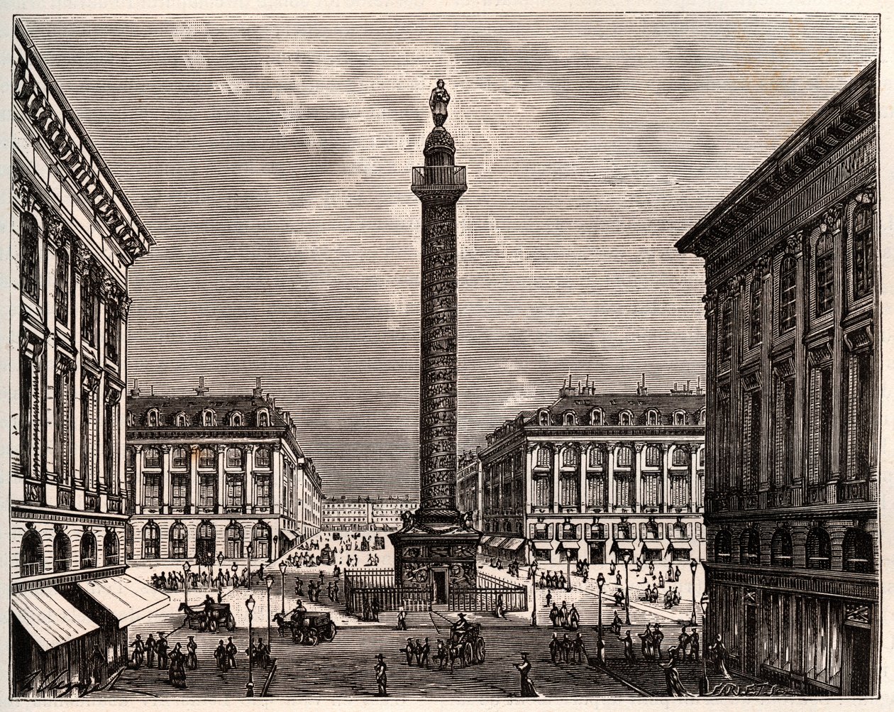 Place Vendome v Paříži v 19. století – rytina „La France illustree: geographie, histoire, administration statistique“ od V.A. Sladově hnědá. 1884 od French School
