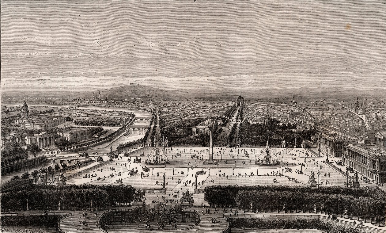 Place de la Concorde v Paříži - rytina v „La France illustree: geografie, historie, statistická správa“ od V.A. Sladově hnědá. 1884 od French School