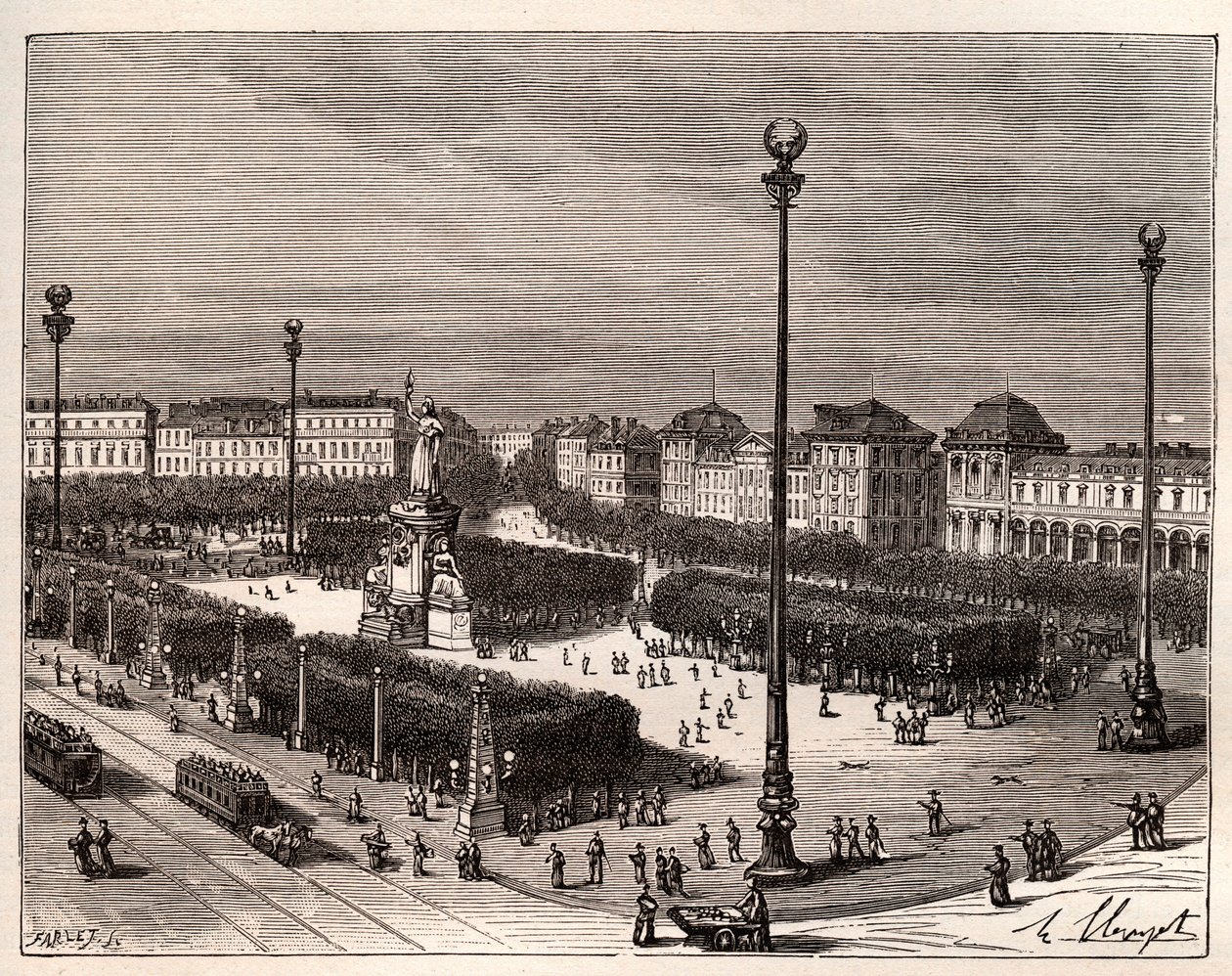 Place de la Republique v Paříži – rytina v „La France illustree: geography, history, administration statistique“ od V.A. Sladově hnědá. 1884 od French School