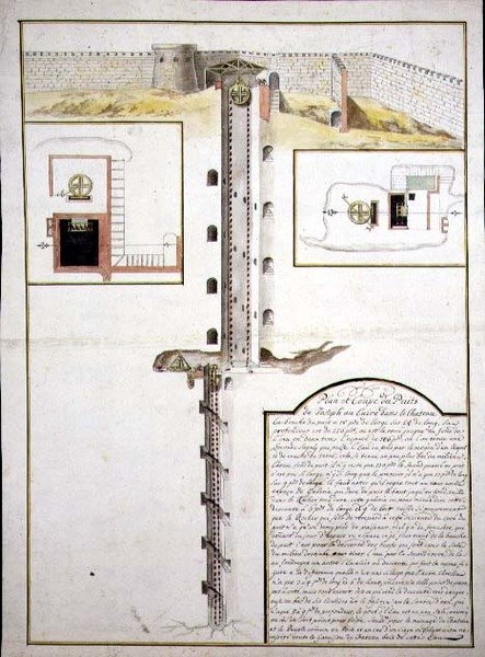 Plán a příčný řez studny, cca 1700 (akvarel na papíře) od French School