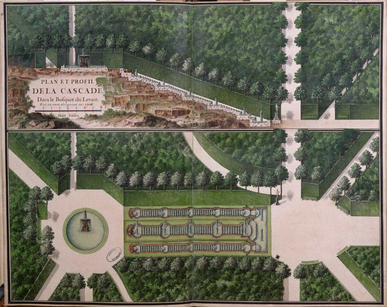 Půdorys a příčný řez kaskády v háji Levant, od Gardens at Marly, počátek 18. století (wc na papíře) (viz také 174228) od French School