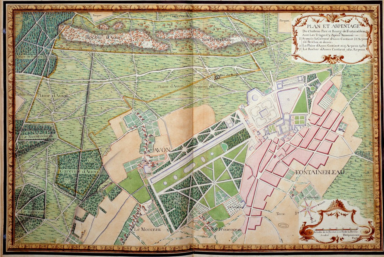 Plán a přehled zámku, parku a vesnice Fontainebleau od French School