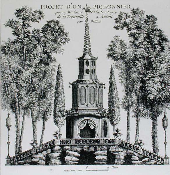 Plán pro holubí dům, z „Details des Nouveaux Jardins a la Mode“, od George Louis Le Rouge, vydáno kolem roku 1775-78 (rytina) (černobílá fotografie) od French School